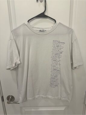 Zara White Short-Sleeve Tee with Navy Script Graphic